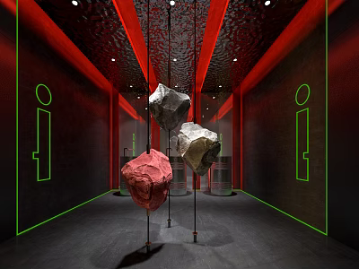 Elevator Corridor Featuring Red Ceiling Black Walls Green Lines And Colored Stone Sculptures 3d model