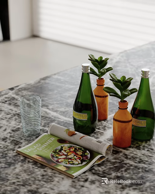 Decorative Ornament Set With Green Orange Bottles Plants Glass Cup Salad Magazine On Marble Countertop 3d model 
