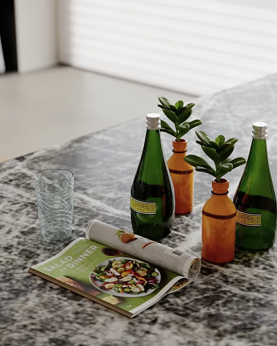 Decorative Ornament Set With Green Orange Bottles Plants Glass Cup Salad Magazine On Marble Countertop 3d model