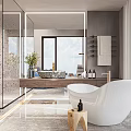 Modern Bathroom Interior with Transparent Glass Partition Bathtub Circular Ceiling Light and Marble Flooring