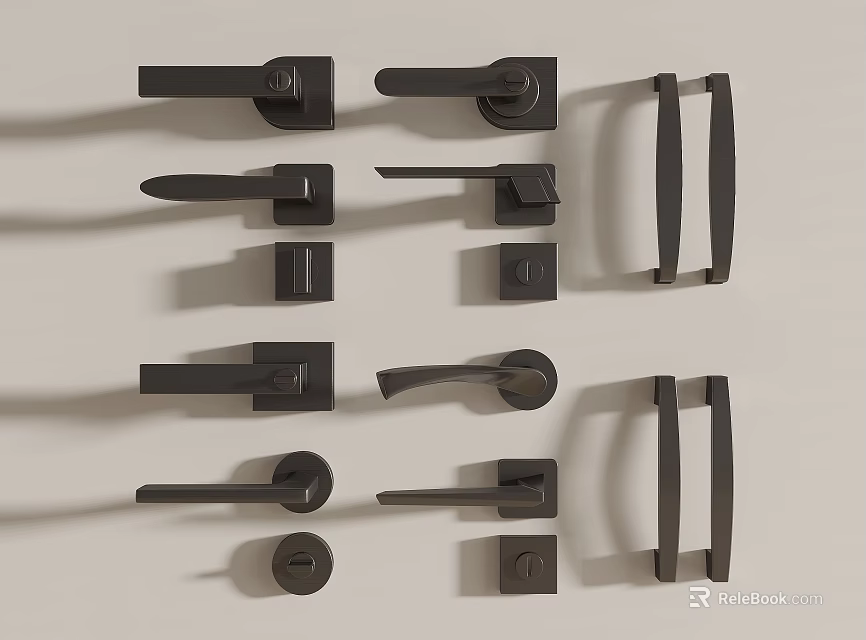 Modern Black Metal Door Handles With Different Styles For Home Interior Design 3d model 