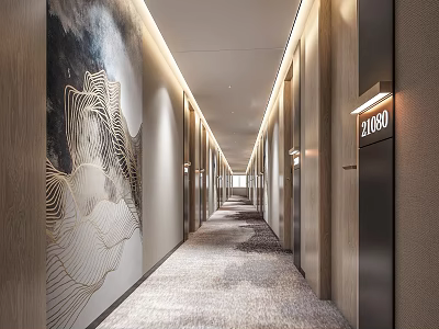 Modern Hotel Corridor Featuring Wooden Walls Artistic Mural Door Number Signs And End Lighting 3d model