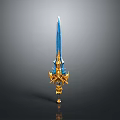 Ornate Blue And Gold Sword With Shiny Crystal Blade And Intricate Golden Hilt Design