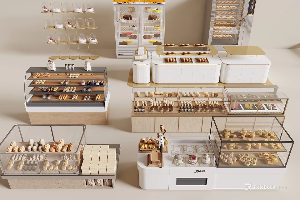 Modern Dessert Shop Featuring Various Desserts in Different Display Cases with Cakes Breads and Macarons 3d model 