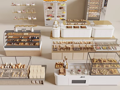 Modern Dessert Shop Featuring Various Desserts in Different Display Cases with Cakes Breads and Macarons 3d model