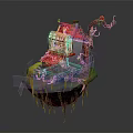 Fantasy Building With Red Roof On Floating Island And Curved Red Vine With Red Flower