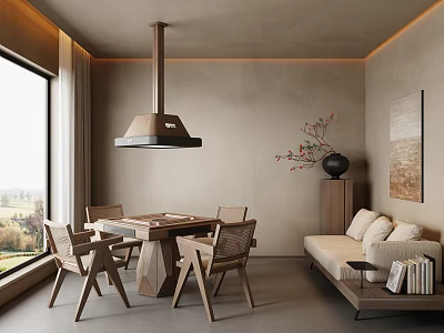 Hotel Mahjong Room Interior Design With Wooden Table Chairs Sofa Hanging Lamp And Scenic Window 3d model