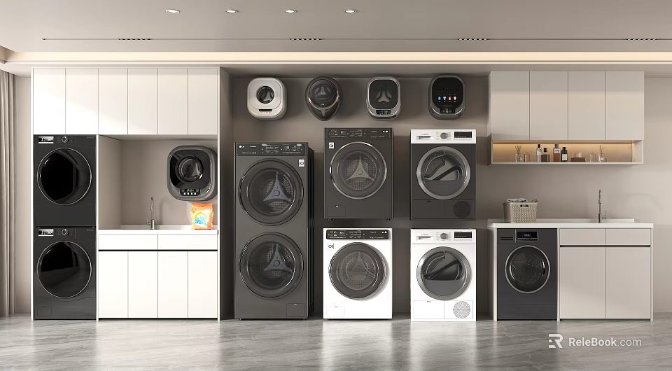Modern Laundry Room Display With Black And White Washing Machines And Cabinets 3d model 