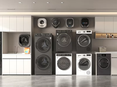 Modern Laundry Room Display With Black And White Washing Machines And Cabinets 3d model