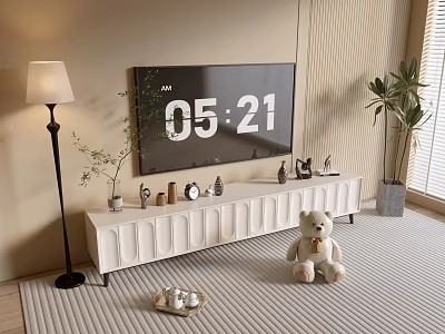 Modern White TV Stand With TV Decorations Floor Lamp Potted Plant And Teddy Bear 3d model