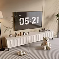 Modern White TV Stand With TV Decorations Floor Lamp Potted Plant And Teddy Bear