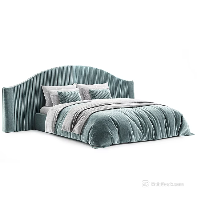 Teal Double Bed with Pleated Headboard Soft Duvet Bedspread and Decorative Pillows 3d model 