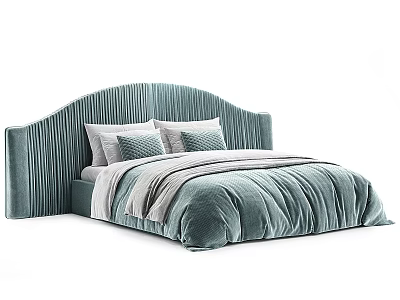 Teal Double Bed with Pleated Headboard Soft Duvet Bedspread and Decorative Pillows 3d model