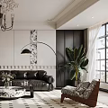 Elegant Modern Living Room Interior With Chandelier Framed Painting Black Leather Sofa And Green Plant