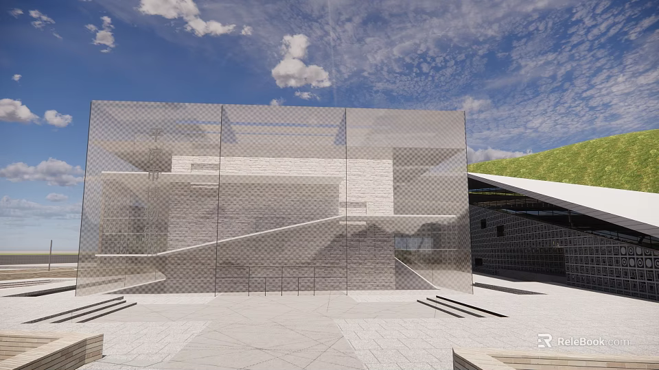 Modern Museum Building Featuring Glass Facade Geometric Design And Open Plaza 3d model 