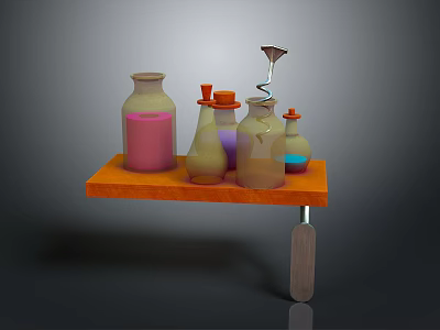 Laboratory Shelf with Bottles Colored Liquids and Funnel on Orange Wooden Stand 3d model