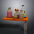 Laboratory Shelf with Bottles Colored Liquids and Funnel on Orange Wooden Stand