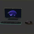 Modern Desktop Computer Setup with Monitor Keyboard Mouse and Screen Displaying Abstract Blue Design
