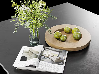 Vase With Green Flowers White Blooms Wooden Tray Fresh Limes Open Magazine On Black Tabletop 3d model
