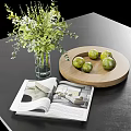 Vase With Green Flowers White Blooms Wooden Tray Fresh Limes Open Magazine On Black Tabletop