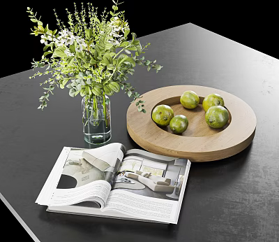 Vase With Green Flowers White Blooms Wooden Tray Fresh Limes Open Magazine On Black Tabletop 3d model