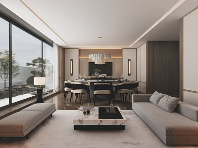 New Chinese Restaurant Box Dining Table and Chair Combination Floral Ornaments Chandelier Sofa Coffee Table Combination 3d model