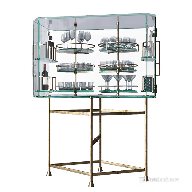 Elegant Wine Cabinet With Glass Doors Metal Frame And Tiered Shelves For Wine Glasses 3d model 