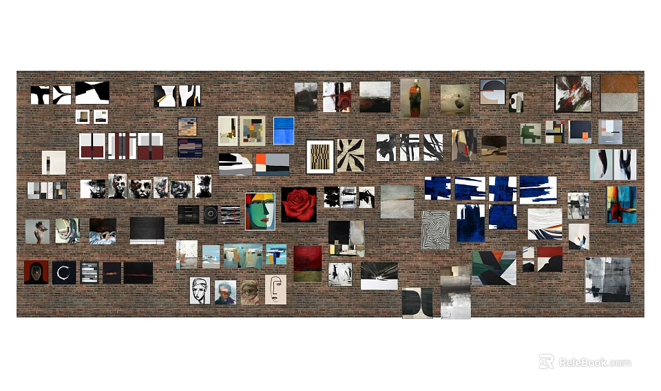 Brick Wall Decorated With Various Photos Artworks And Decorative Items 3d model 