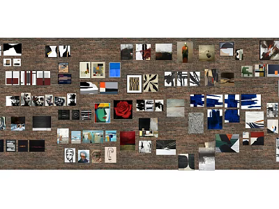 Brick Wall Decorated With Various Photos Artworks And Decorative Items 3d model