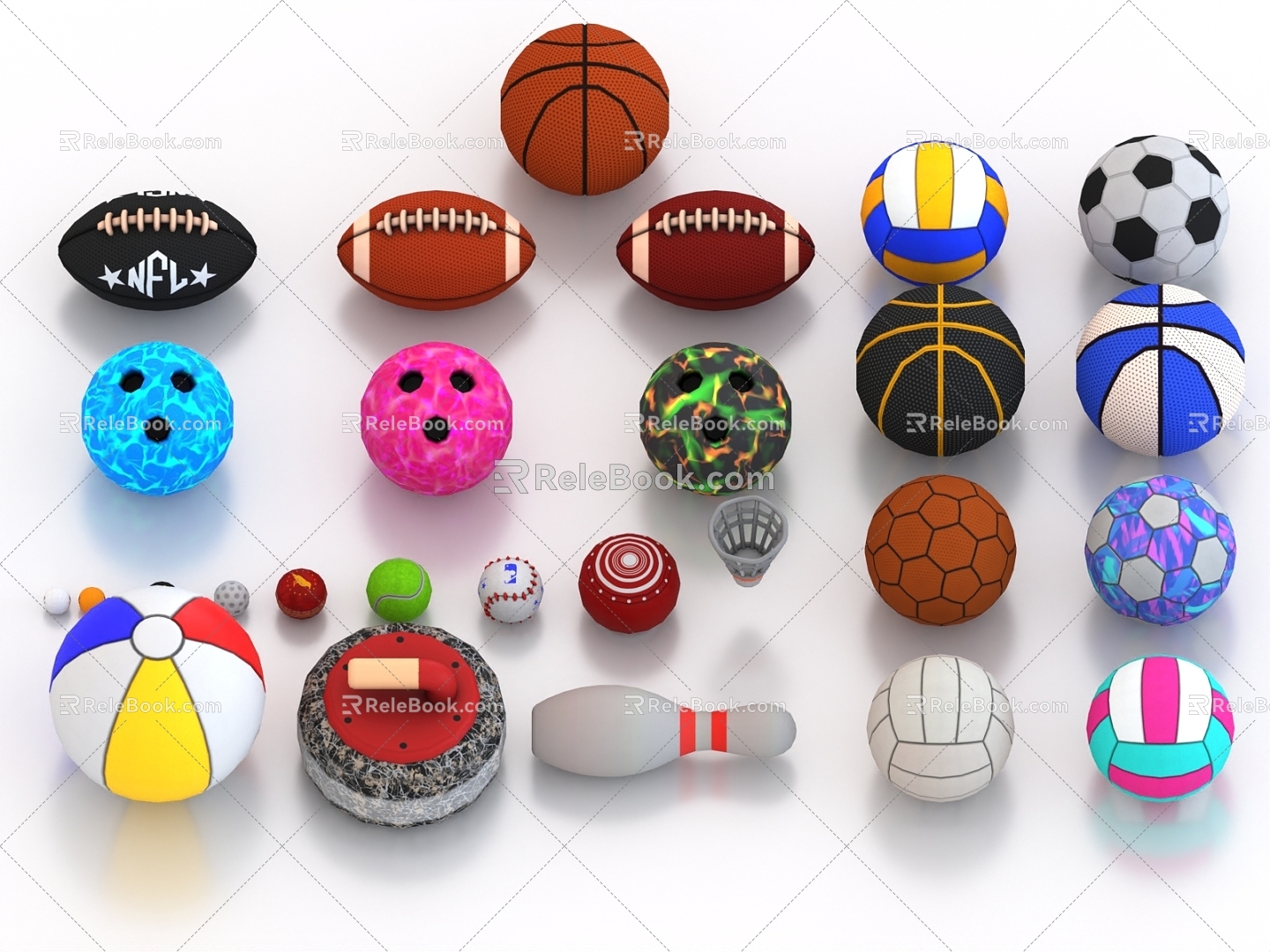 Cartoon ball football basketball rugby golf bowling volleyball 3d model