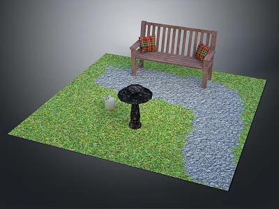 Outdoor Patio Scene With Wooden Bench Plaid Cushions Gray Stone Path And Black Birdbath 3d model