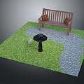 Outdoor Patio Scene With Wooden Bench Plaid Cushions Gray Stone Path And Black Birdbath