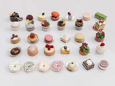 Vibrant Dessert Shop Showcase With Assorted Cakes Macarons Donuts Tarts And Cupcakes 3d model