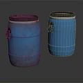 Blue Rusty And Cleaner Barrels As Household Items With Metal Handles And Black Lids