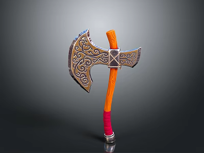 Decorative Ancient Axe with Intricate Ornate Patterns Orange Wooden Handle Red Grip 3D Rendering 3d model