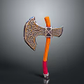 Decorative Ancient Axe with Intricate Ornate Patterns Orange Wooden Handle Red Grip 3D Rendering
