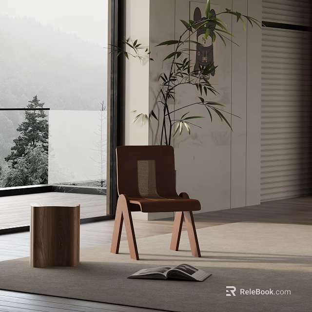 Modern Brown Accent Chair With Wooden Legs By Window And Natural View 3d model 
