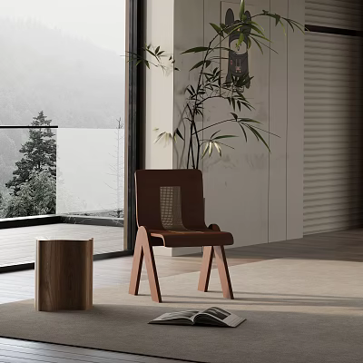 Modern Brown Accent Chair With Wooden Legs By Window And Natural View 3d model