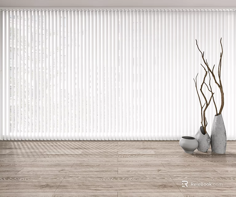 White Vertical Blinds In Interior Space With Wooden Floor And Decorative Vases 3d model 