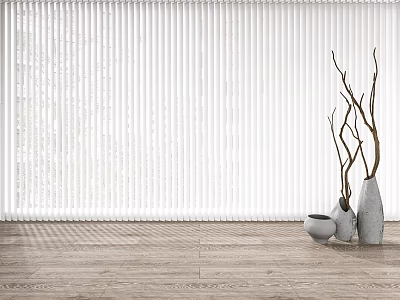 White Vertical Blinds In Interior Space With Wooden Floor And Decorative Vases 3d model