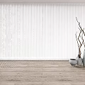 White Vertical Blinds In Interior Space With Wooden Floor And Decorative Vases