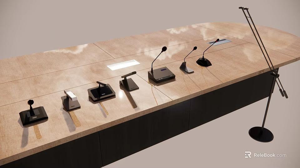 Formal Conference Room With Wooden Long Table Microphones Table Lamp And Tablet 3d model 
