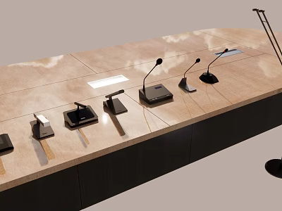 Formal Conference Room With Wooden Long Table Microphones Table Lamp And Tablet 3d model