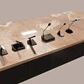 Formal Conference Room With Wooden Long Table Microphones Table Lamp And Tablet