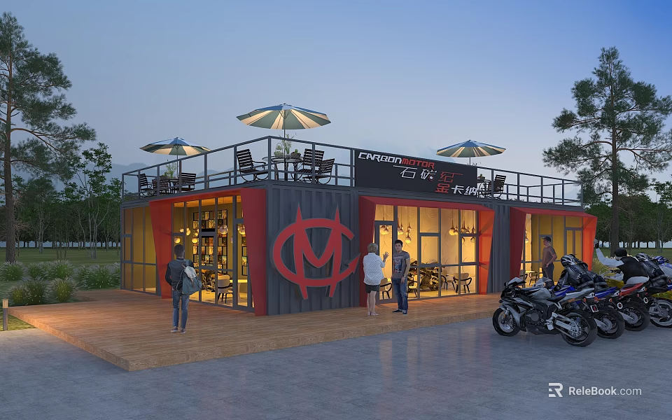 Modern Motorcycle Station Featuring Container Structure Balcony Umbrellas Tables Chairs And Motorcycles 3d model 