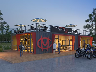 Modern Motorcycle Station Featuring Container Structure Balcony Umbrellas Tables Chairs And Motorcycles 3d model