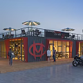 Modern Motorcycle Station Featuring Container Structure Balcony Umbrellas Tables Chairs And Motorcycles