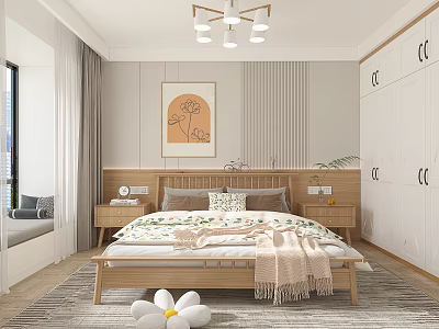 Minimalist Modern Bedroom Interior With Wooden Bed Frame Soft Blanket And Decorative Painting 3d model
