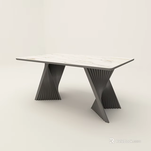 Modern Dining Table With White Marble Tabletop And Black Textured Legs 3d model 