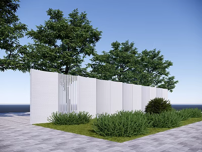 Modern White Building Exterior Wall With Vertical Stripes Green Trees Shrubs And Gray Stone Pavement 3d model